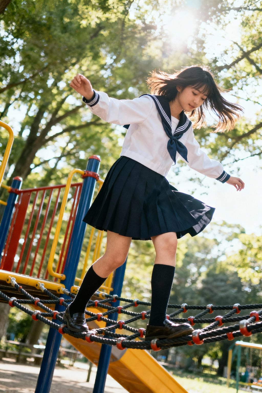 アスレチックで遊ぶ女子