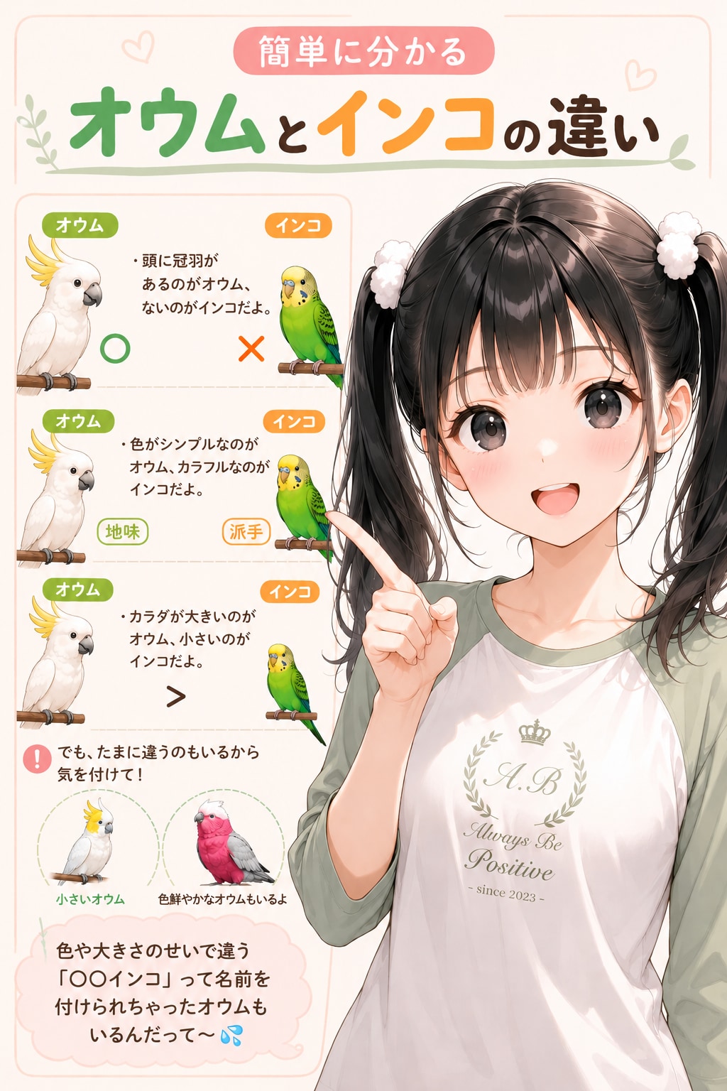 今日はオウムとインコの日らしいけど……大きいのがオウムだよね？（答えは2枚目）