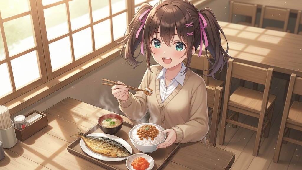 食堂で納豆ごはんと焼魚と明太子を食べる