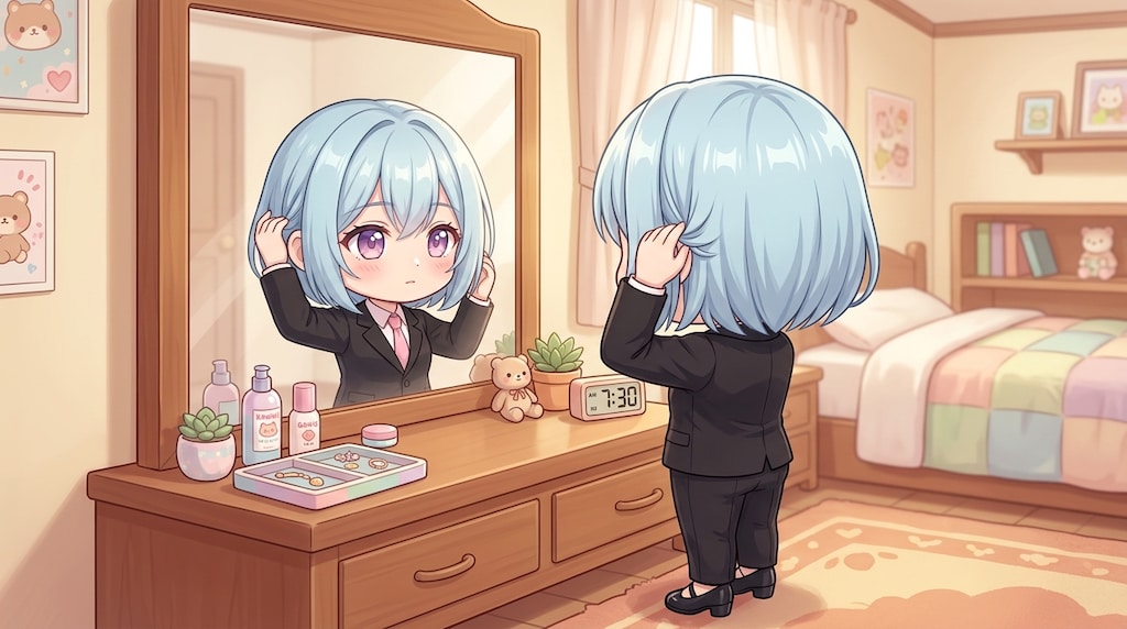 出勤前のあおいの髪型チェック