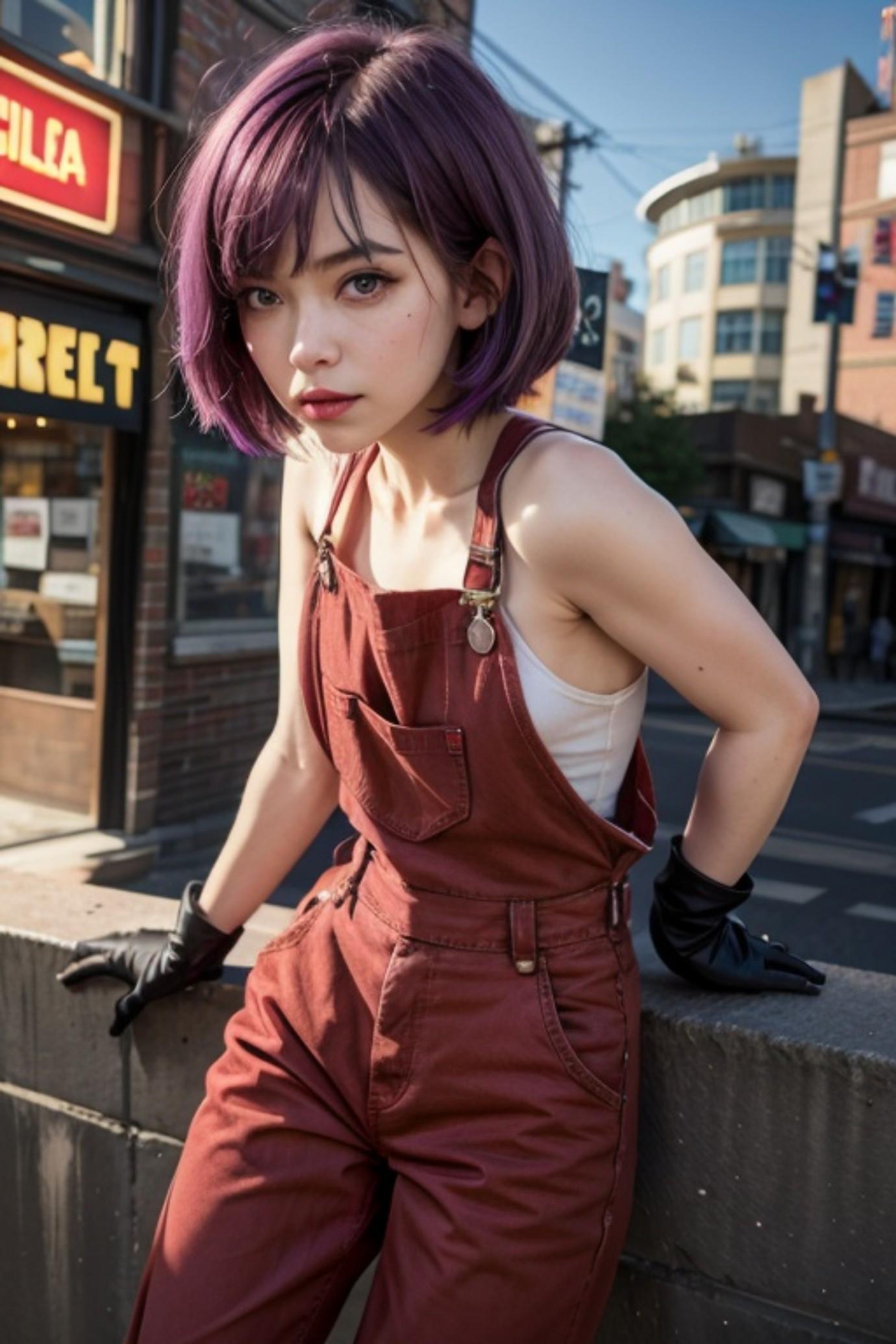 オーバーオールの紫髪の人