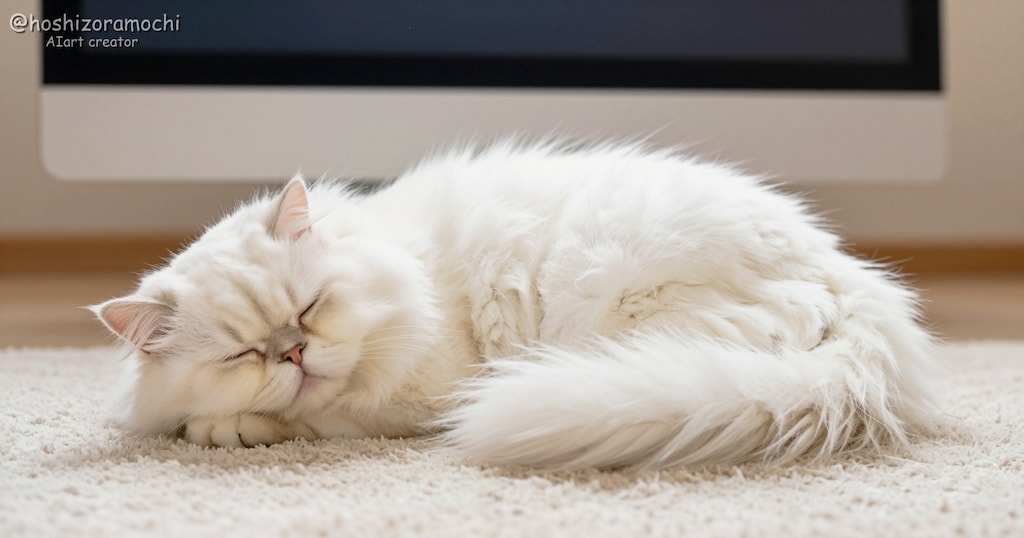 お仕事中の飼い主さんを見守りながらウトウト…💤 モフモフ白猫の幸せお昼寝タイム