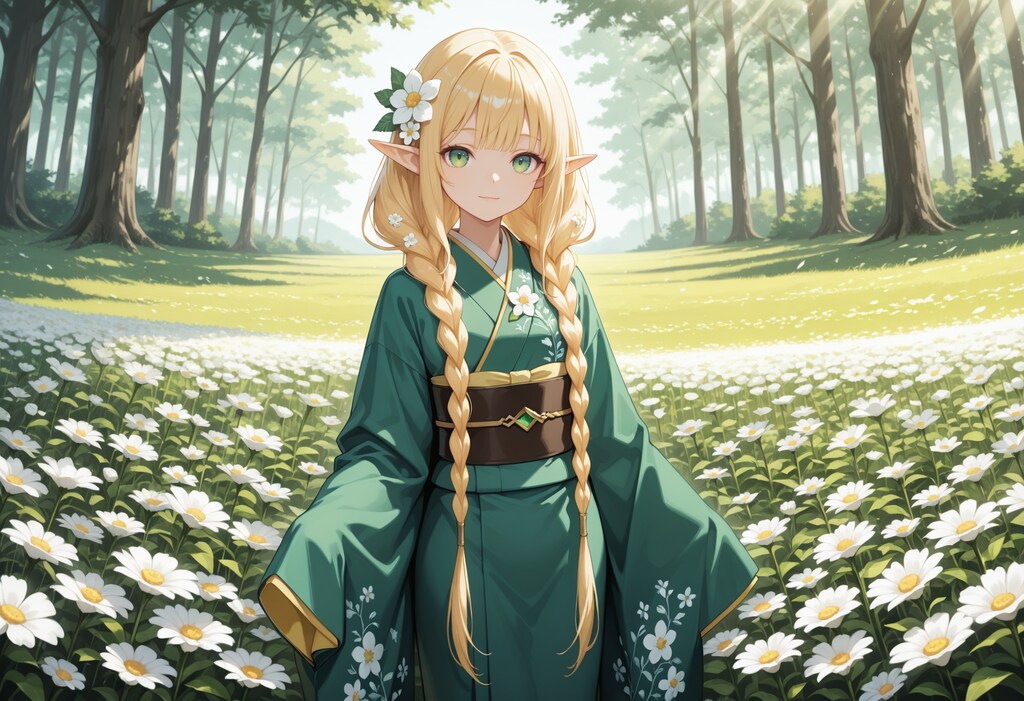 花畑と着物姿のエルフ魔女さん