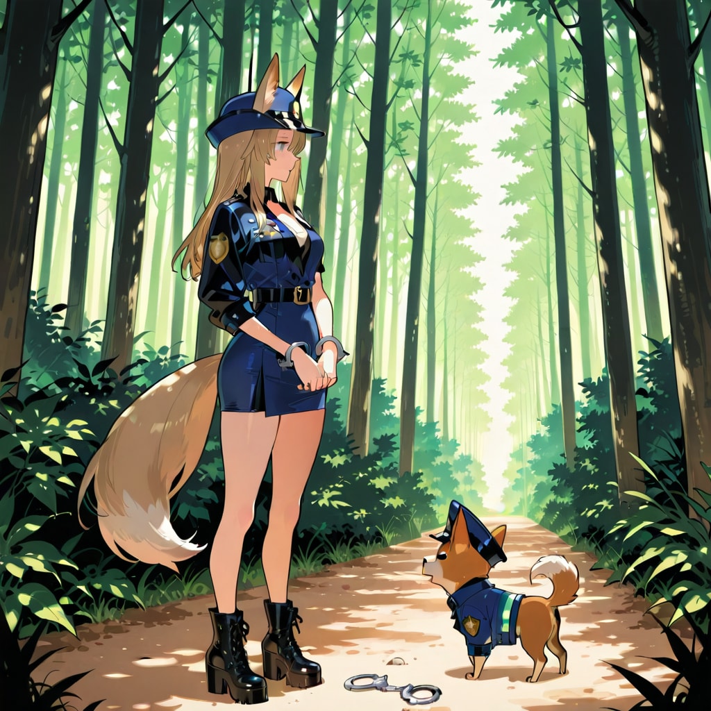 妙に整備された森の道で警察チワワに逮捕されるパトロール系女子