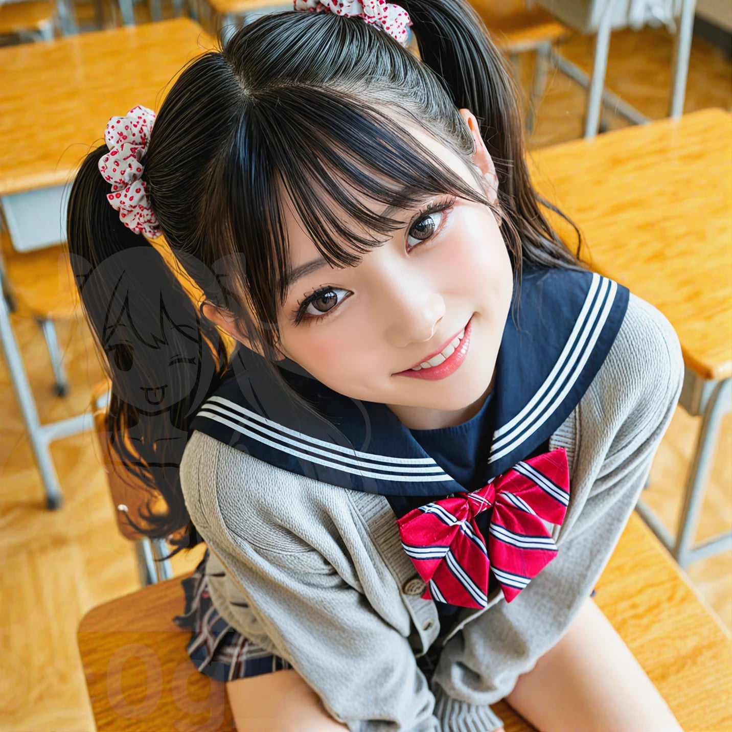 セーラー服×カーデのコスでモデルしている眞由香