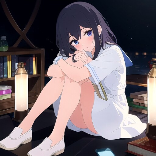 暗い部屋、体育座り。
