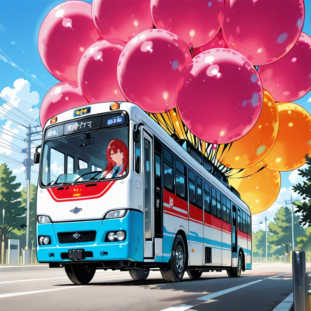 いっぱい色とりどりの巨大風船を持つ赤い髪ロングのバス運転手の美女 | の人気AIイラスト・グラビア
