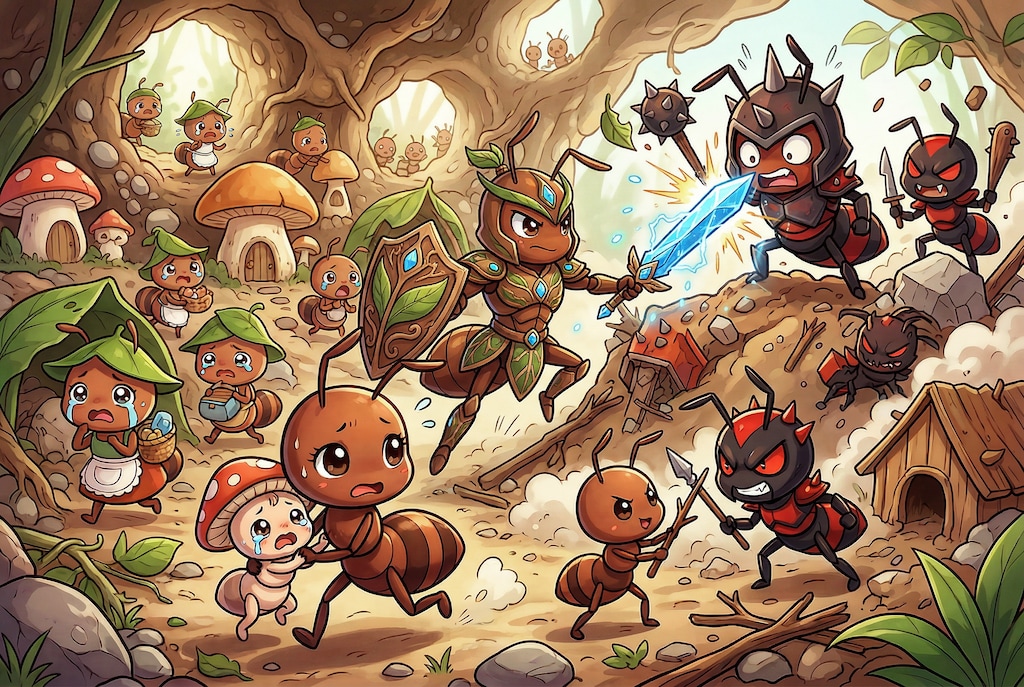 侵略者に立ち向かうヒーロー蟻