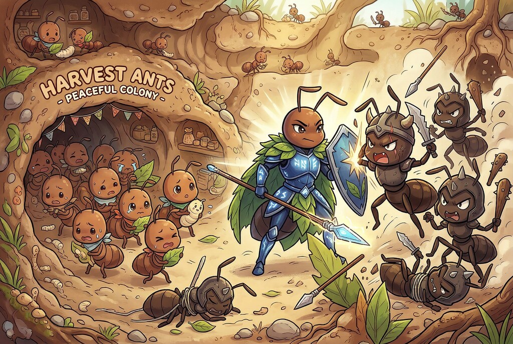 侵略者に立ち向かうヒーロー蟻