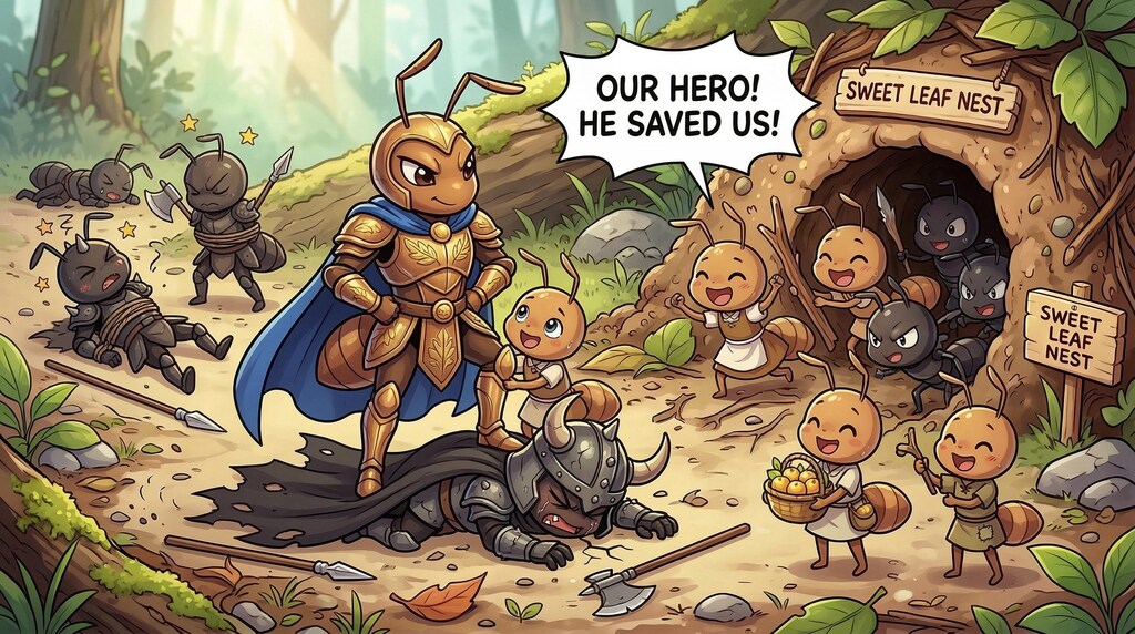 侵略者に立ち向かうヒーロー蟻