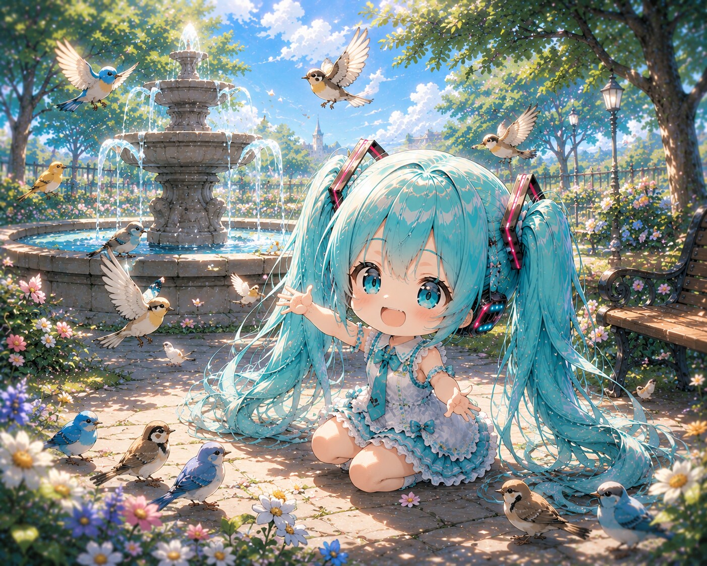 公園で小鳥と戯れるちびミクちゃん | の人気AIイラスト・グラビア