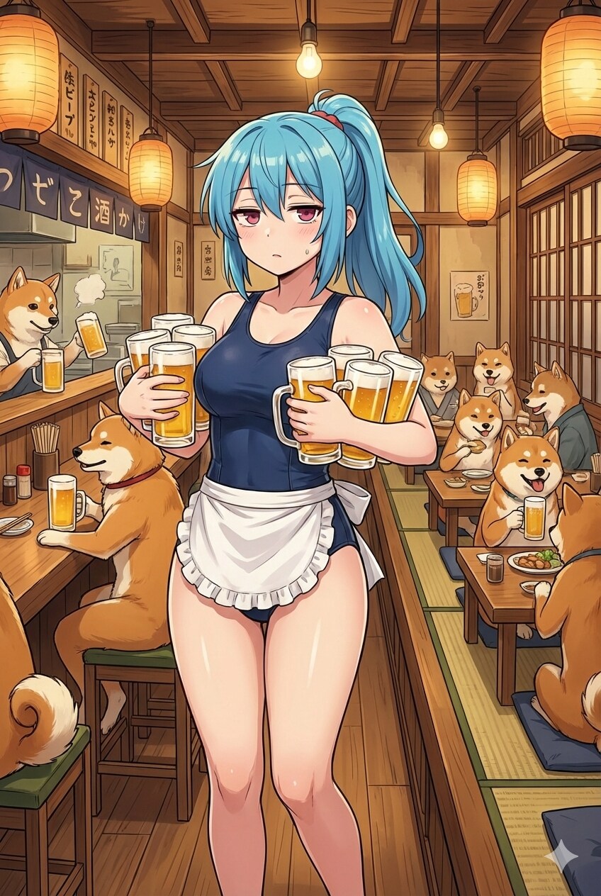 柴犬が集まるスク水居酒屋