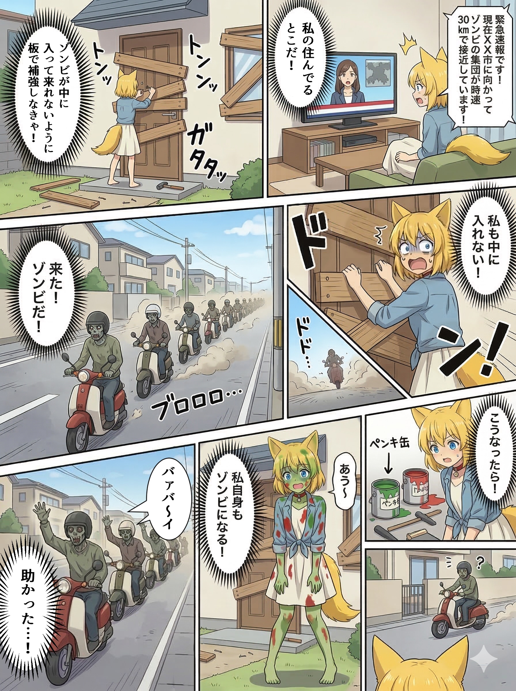 法定速度を守って走行するゾンビの襲来に備えるキツネ | の人気AIイラスト・グラビア