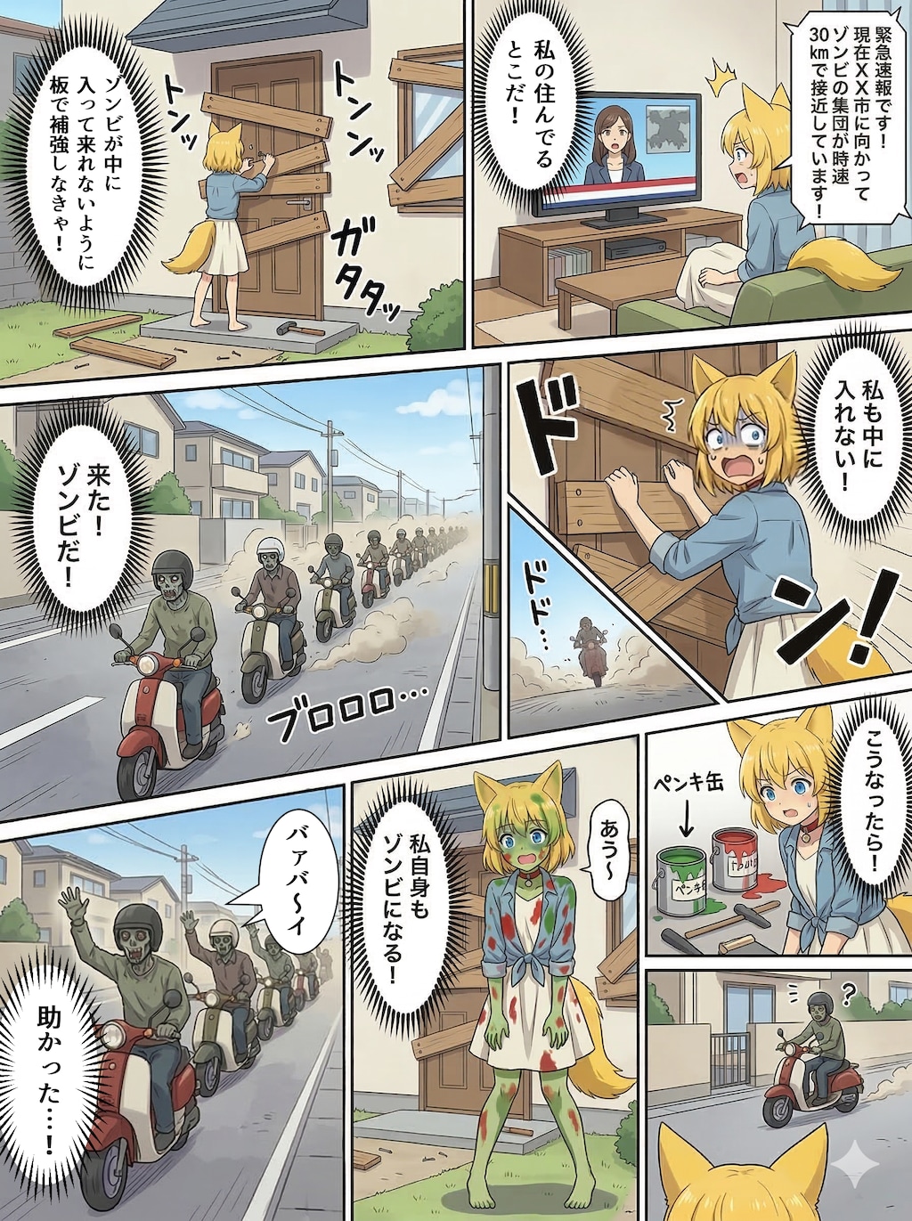 法定速度を守って走行するゾンビの襲来に備えるキツネ