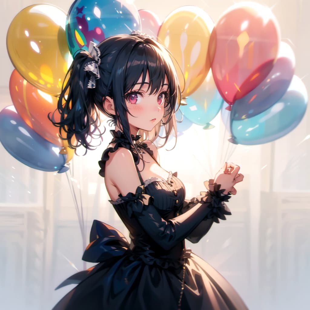 色とりどりの風船を持つゴスロリ衣装着た黒髪ツインテールの美少女