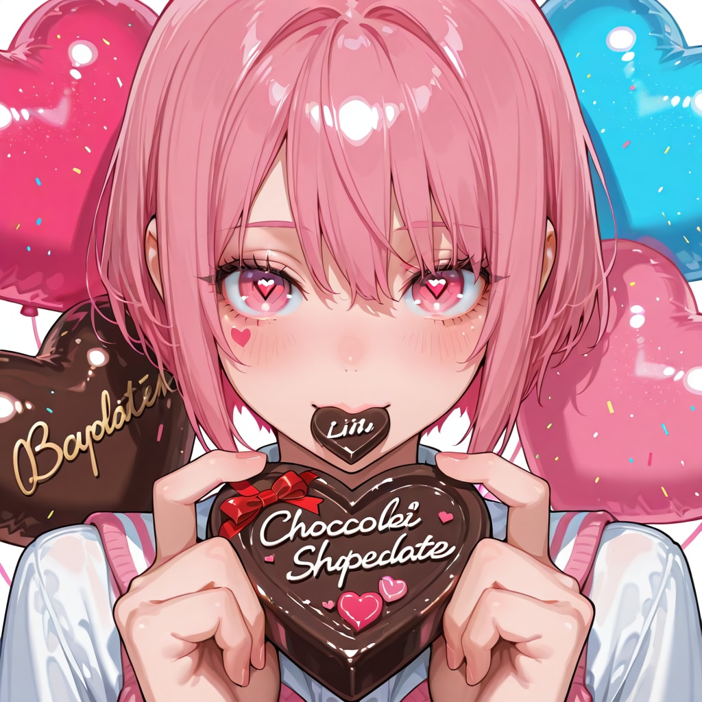 色とりどりのハート風船を持つハート型チョコレートを持つピンク髪ショートカットの美少女 | の人気AIイラスト・グラビア