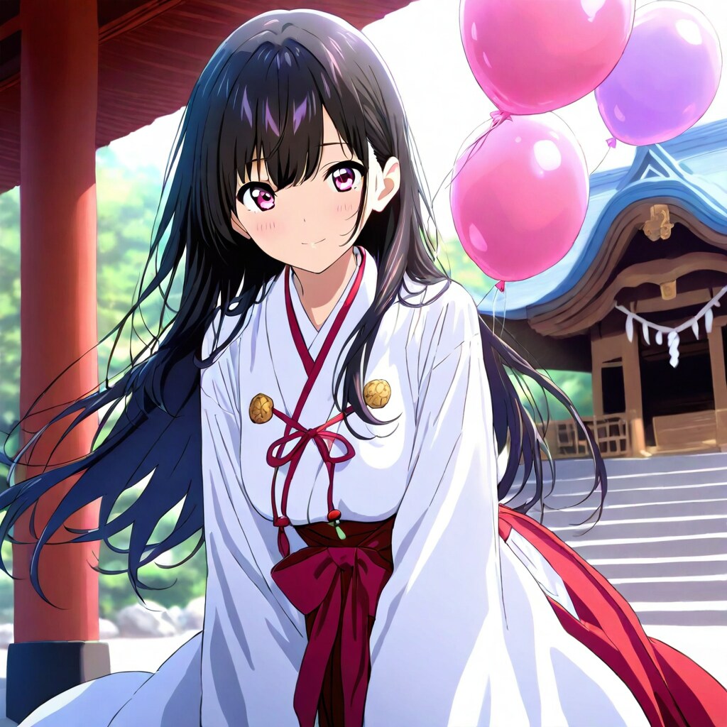 神社で風船を持つ黒髪ロングの巫女服の美女。 | の人気AIイラスト・グラビア