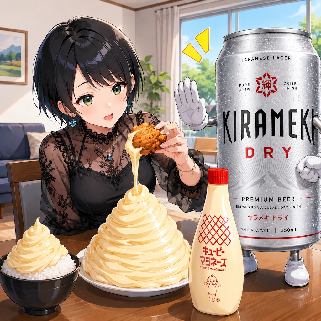 マヨネーズに唐揚げを浸ける藍音ちゃん