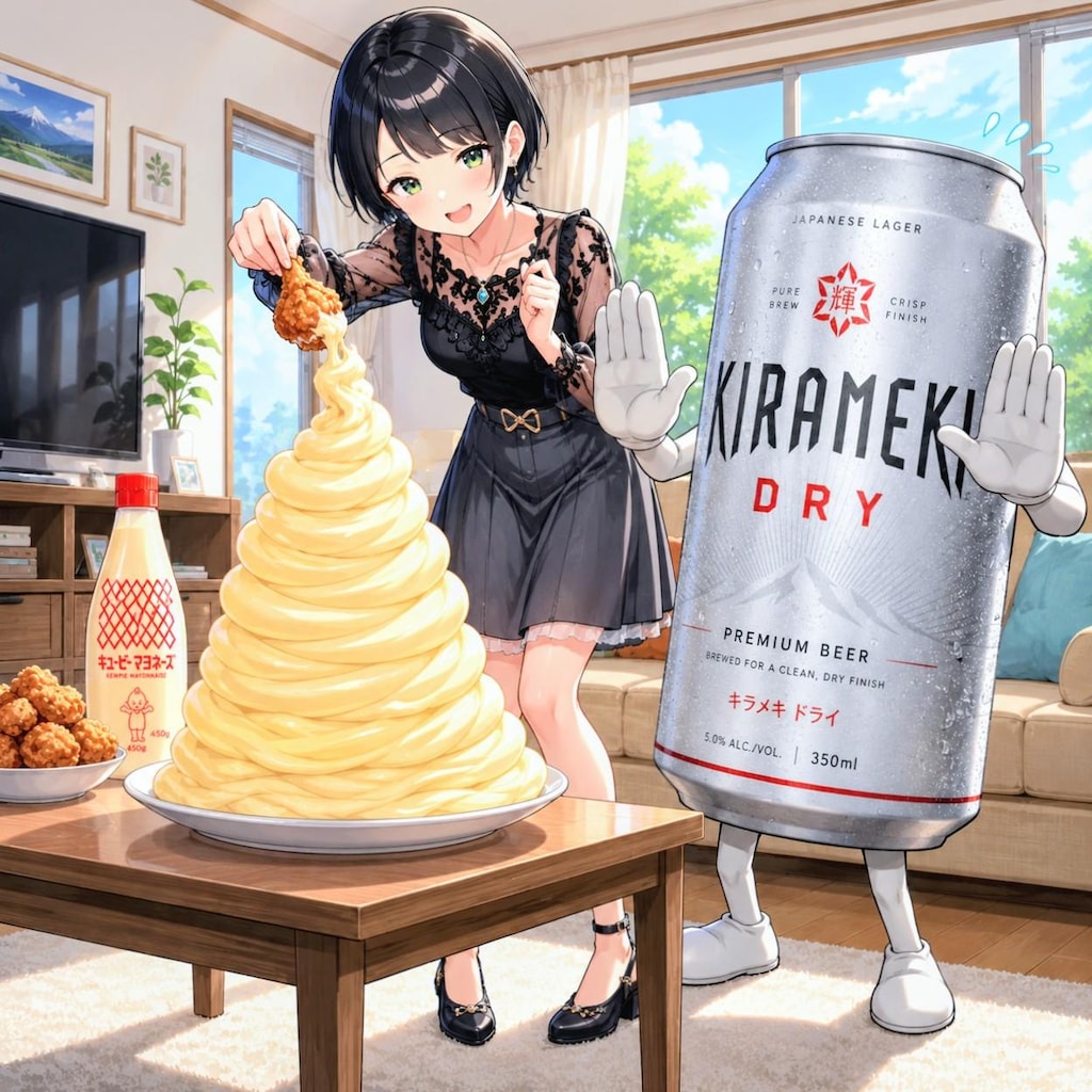 マヨネーズに唐揚げを浸ける藍音ちゃん