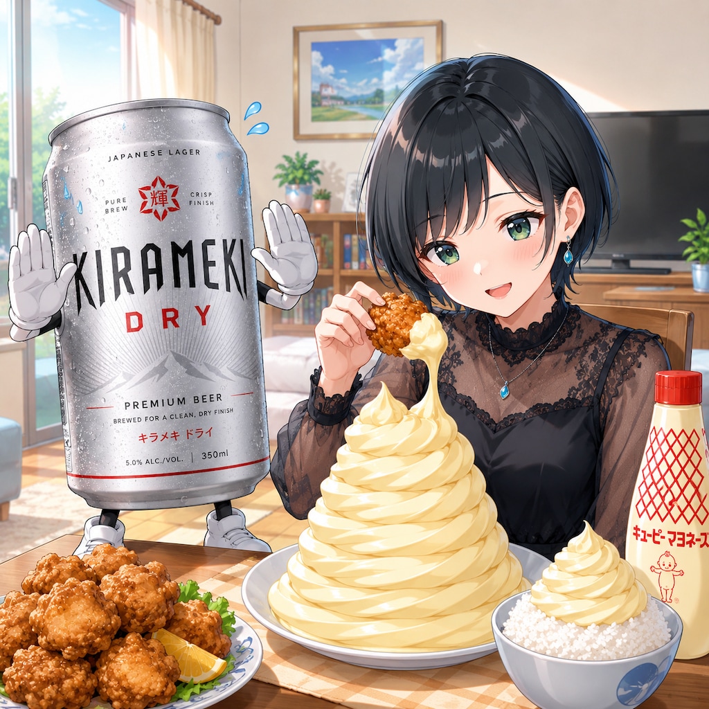 マヨネーズに唐揚げを浸ける藍音ちゃん