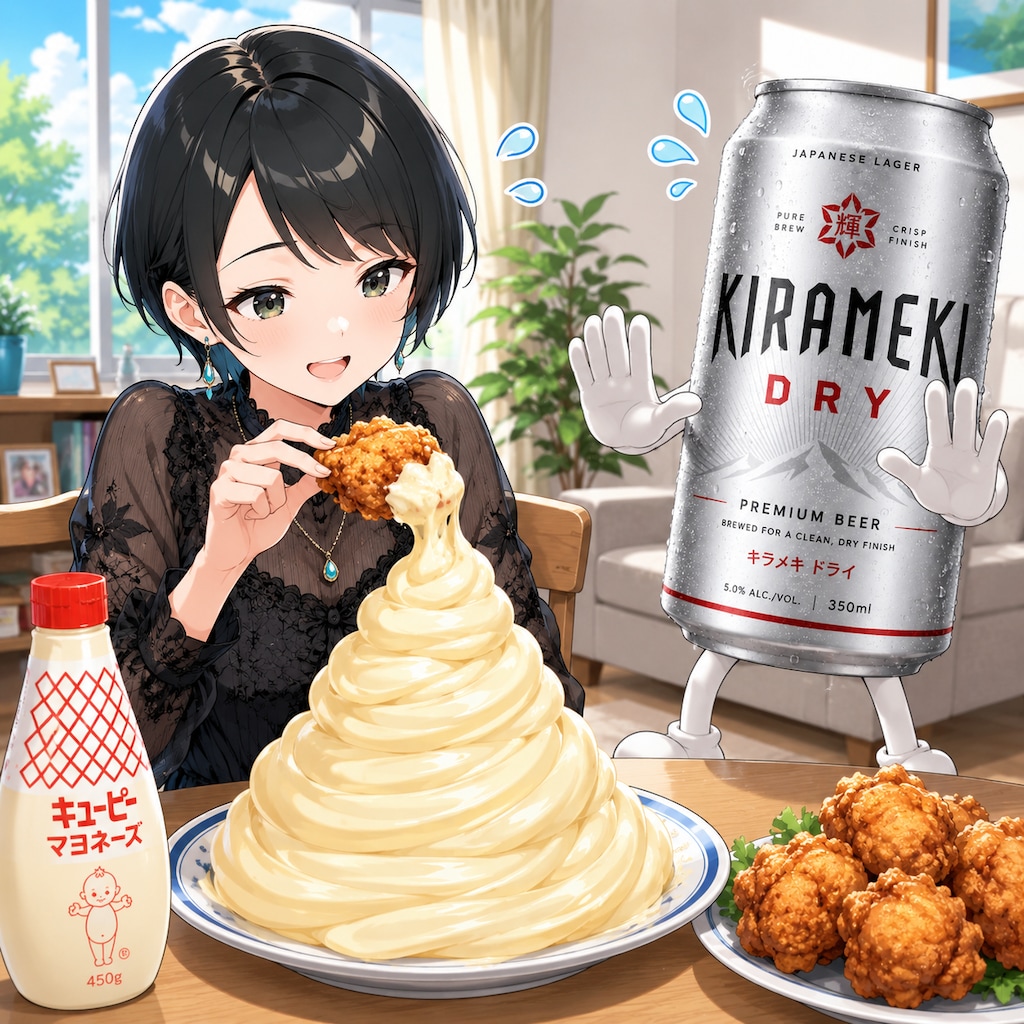 マヨネーズに唐揚げを浸ける藍音ちゃん