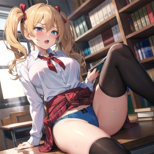 図書室机で脚上げパンツ見せ