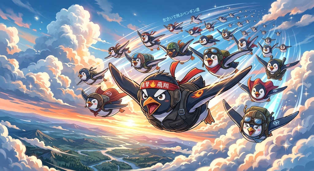 空を進撃するペンギン達