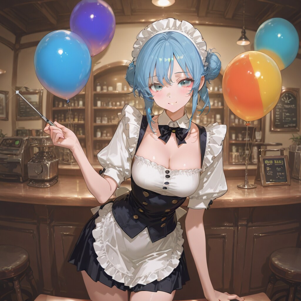 色とりどりの風船を持つ青い髪お団子ヘアのバーの美女店員さん