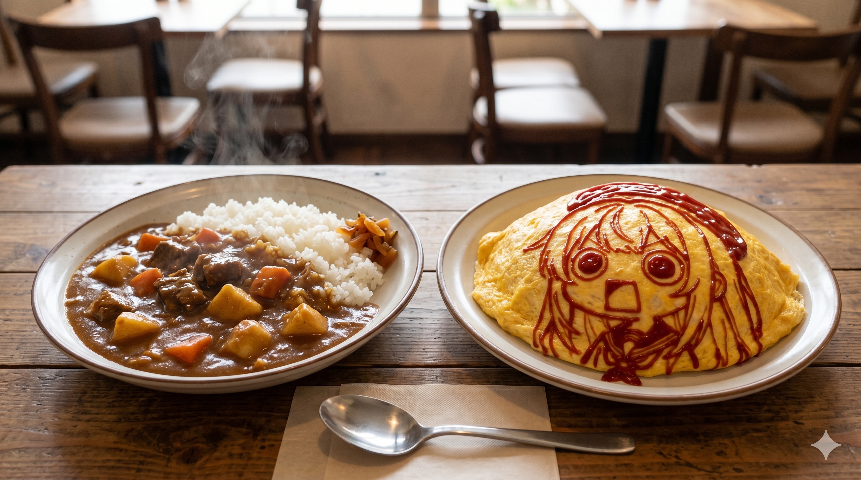 摩訶不思議食堂のえらいこっちゃオムライスとカレーライスのセット | の人気AIイラスト・グラビア