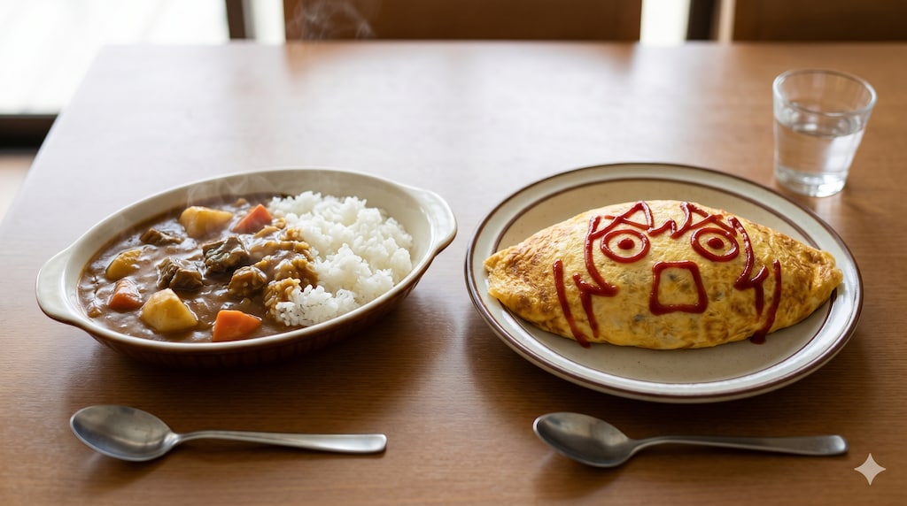 摩訶不思議食堂のえらいこっちゃオムライスとカレーライスのセット