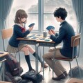 教室でカードゲームをする少年と少女 2枚目
