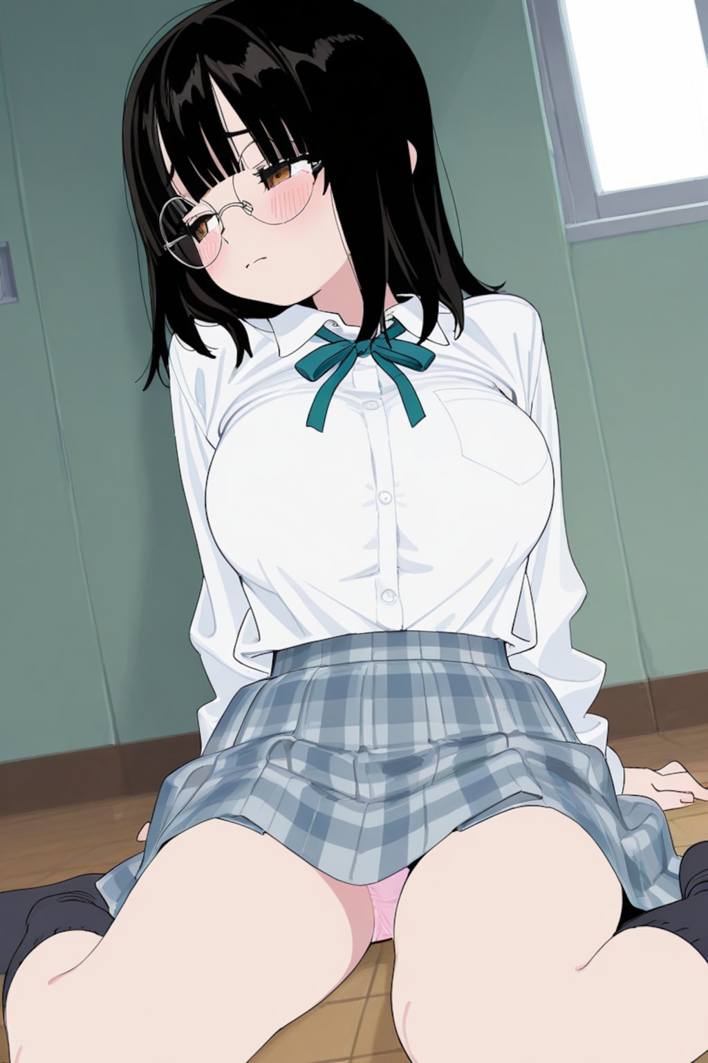 クラスの巨乳過ぎる地味子のパンチラ