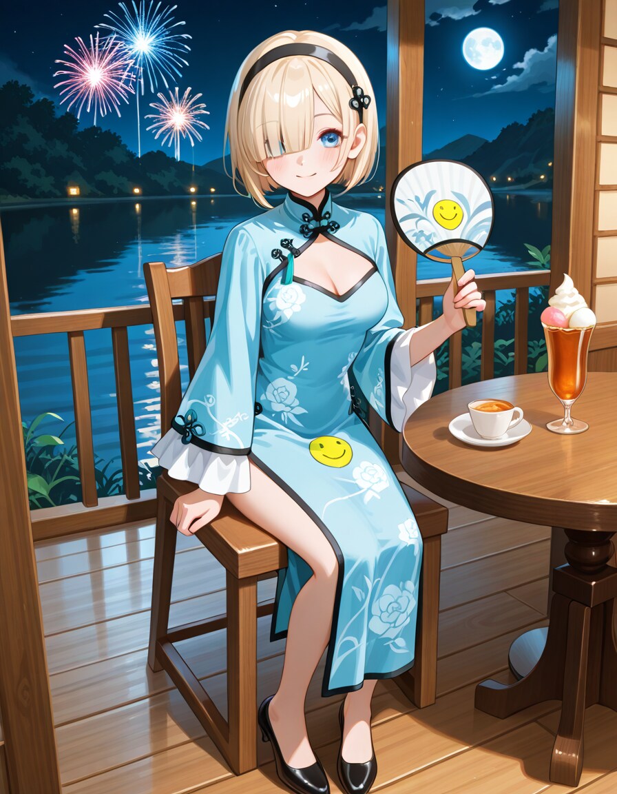 チャイナ服の心白と夜の湖畔で