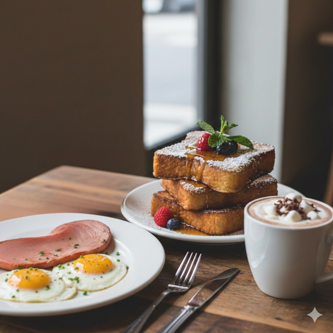 【朝食】フレンチトースト？、ハムエッグ、ホットココア | の人気AIイラスト・グラビア