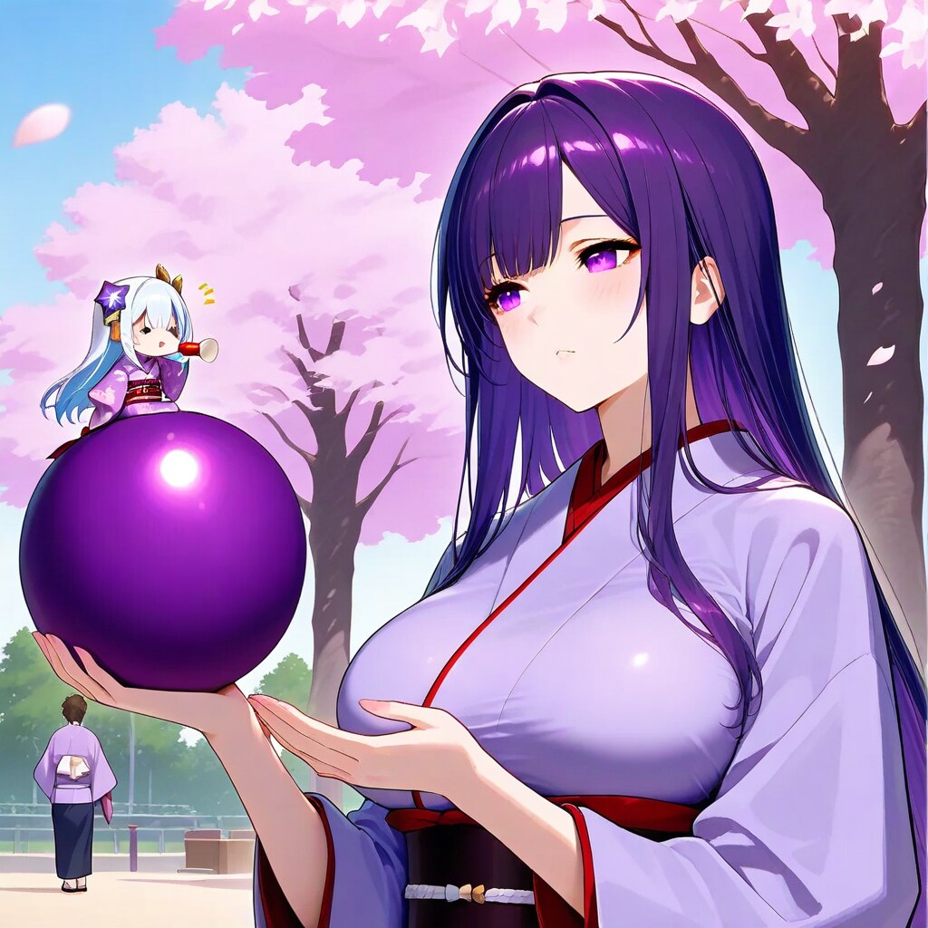 桜咲く公園で紫色の風船を膨らませて遊ぶ紫髪ロングの着物美女