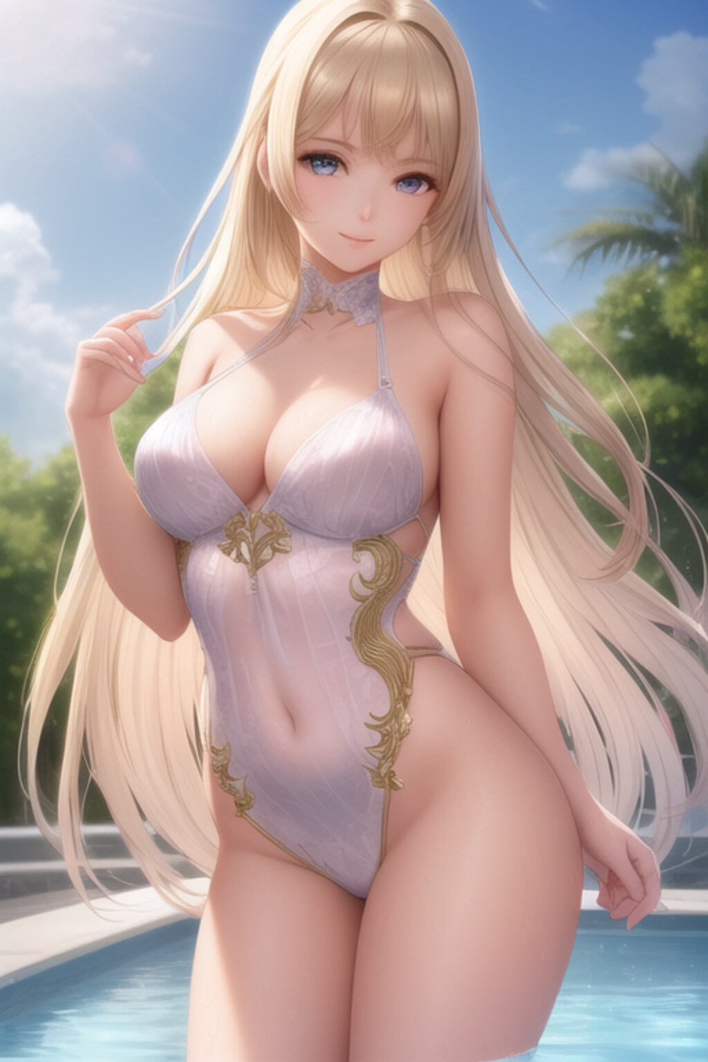 プールで佇む金色の髪の少女