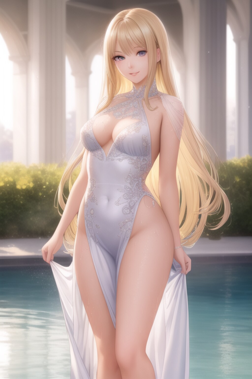 プールで佇む金色の髪の少女