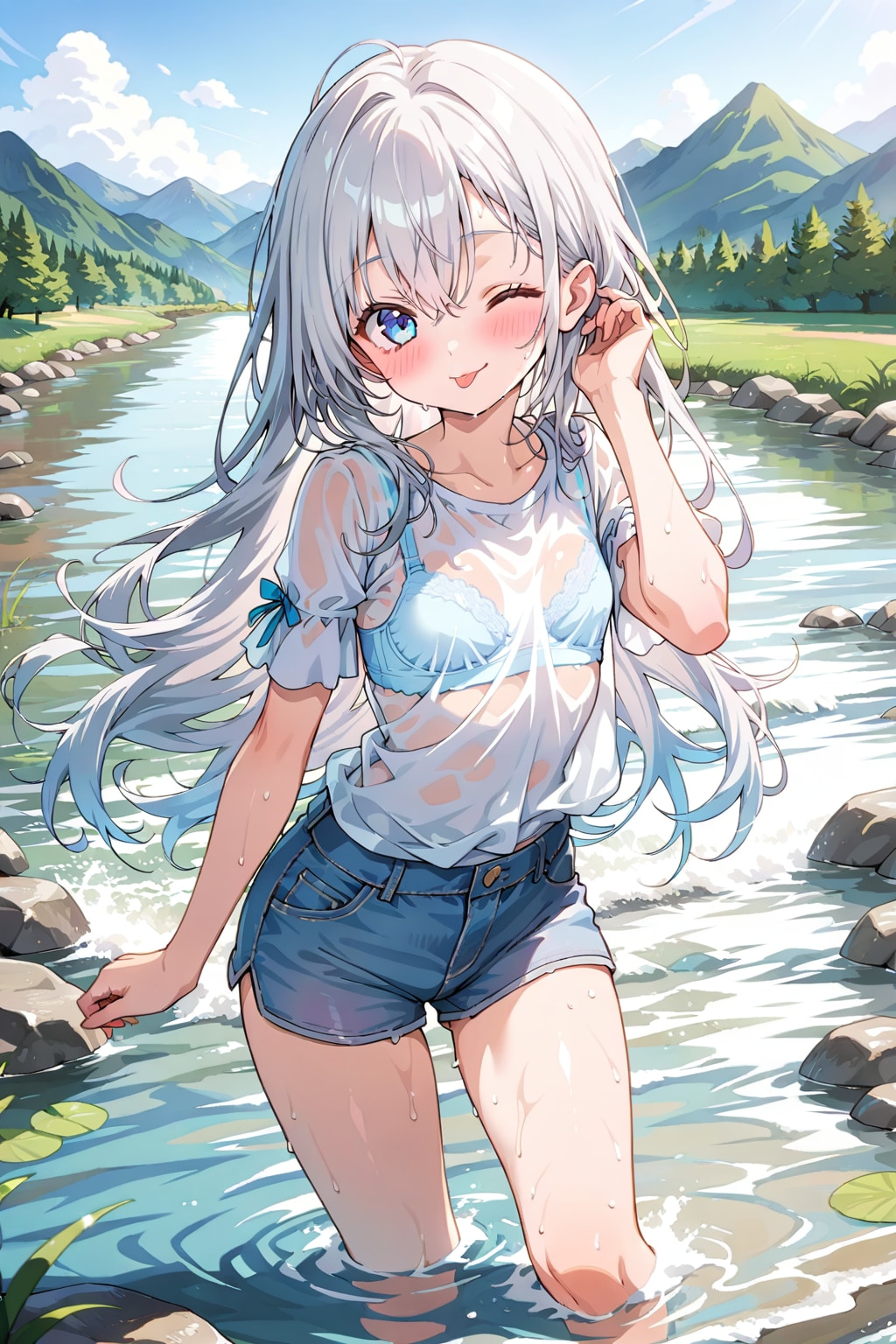 川遊びを楽しむ銀髪ちゃん2