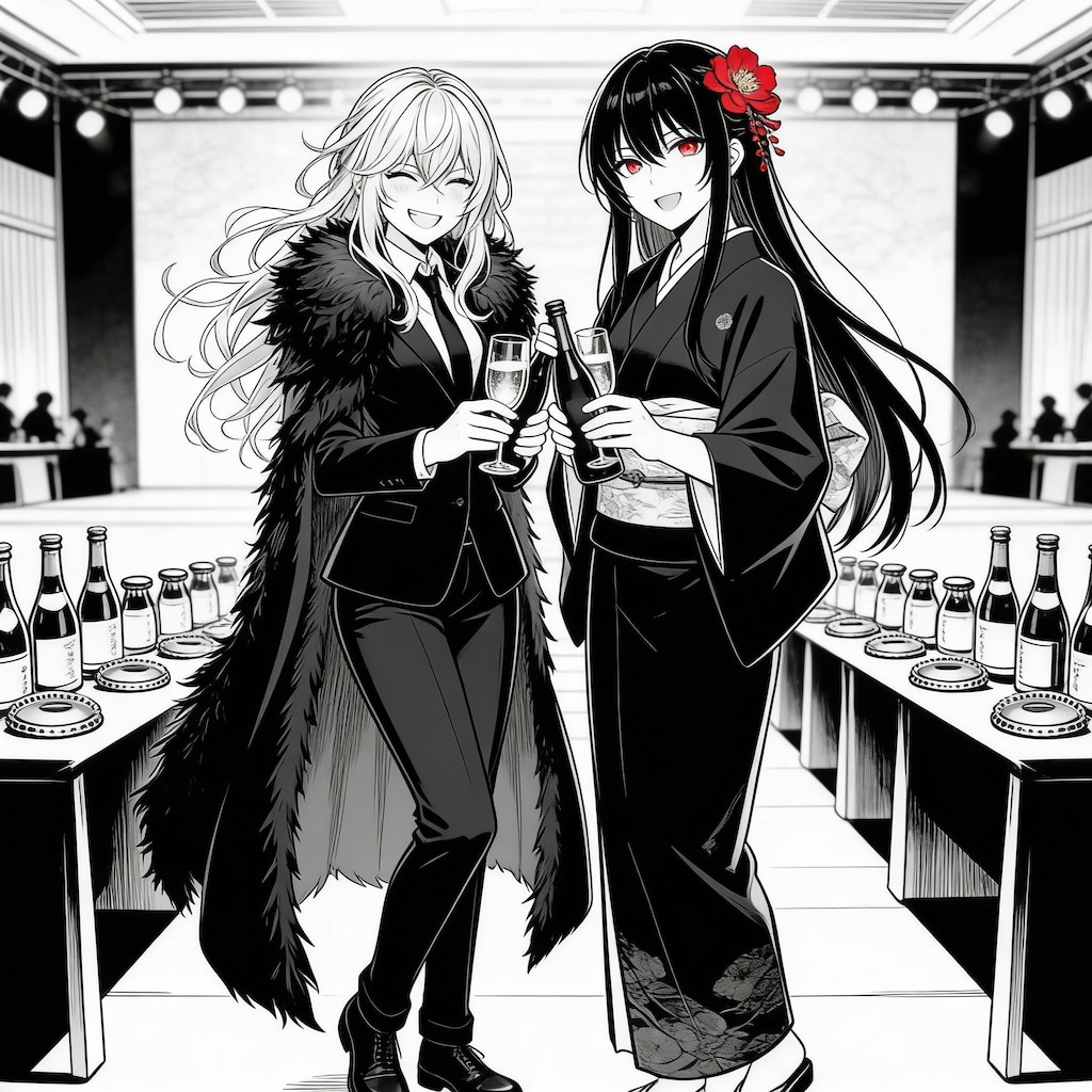 忘年会に参加のエリザベスとツバキさん。そして、バイトのアヒル。