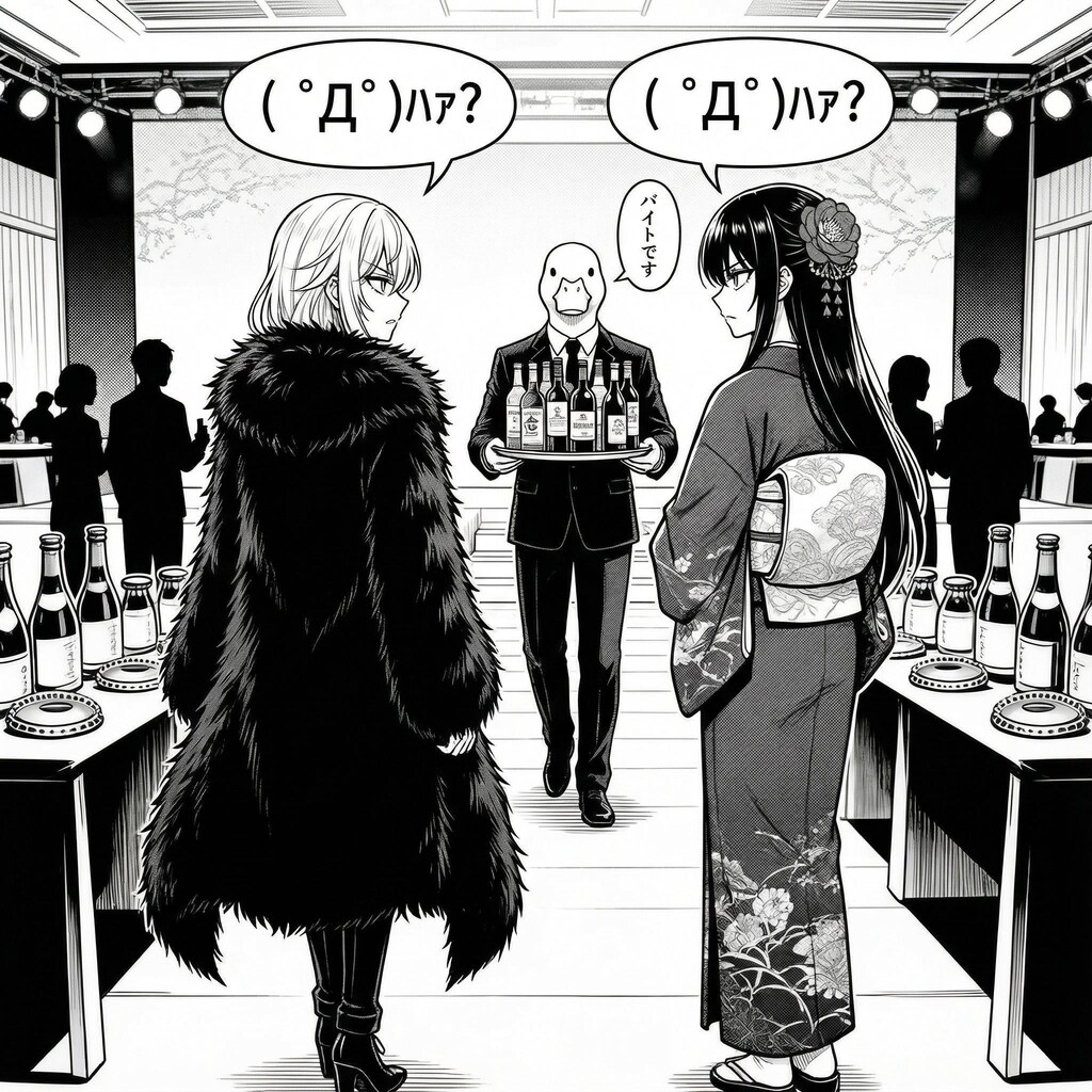 忘年会に参加のエリザベスとツバキさん。そして、バイトのアヒル。