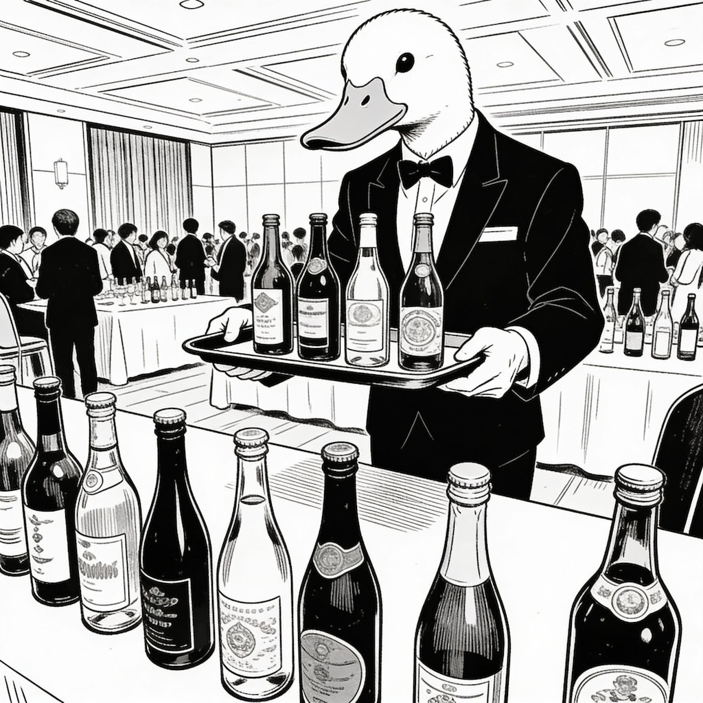 忘年会に参加のエリザベスとツバキさん。そして、バイトのアヒル。