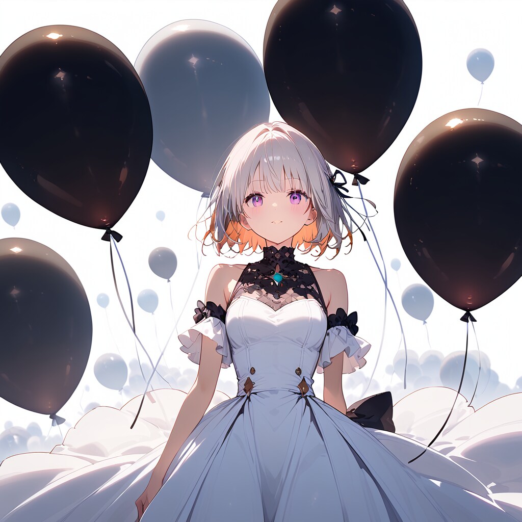 白と黒い風船を持つ白い髪の天使の美女。