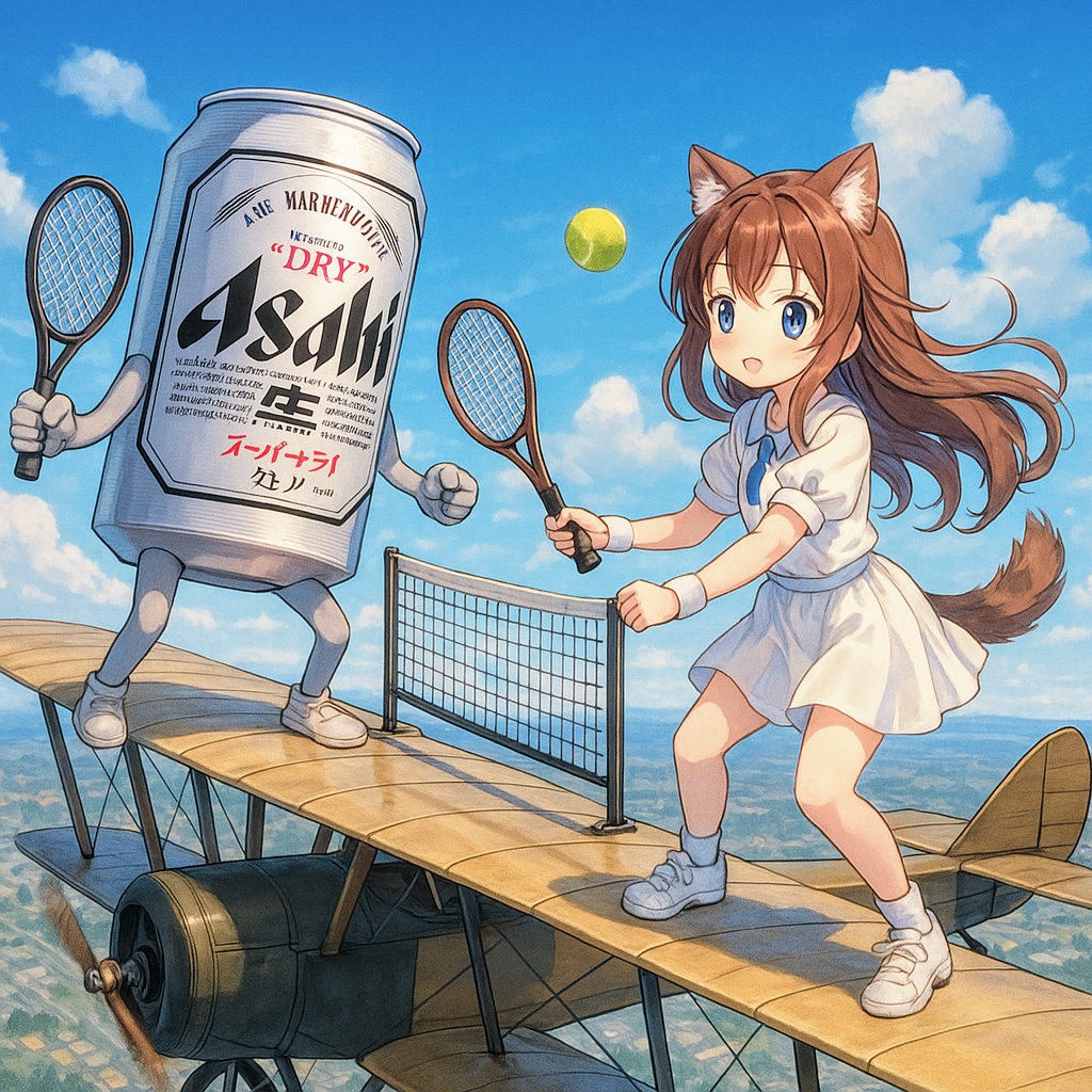 飛行機の上でテニスをする小さな女の子