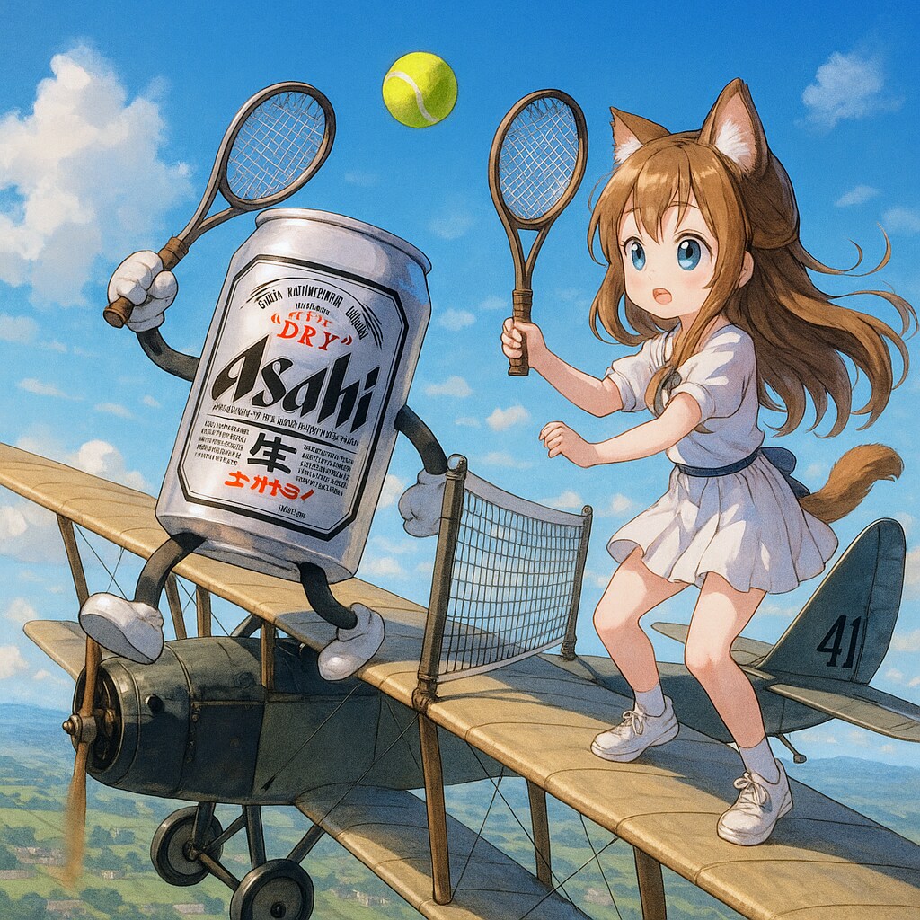 飛行機の上でテニスをする小さな女の子