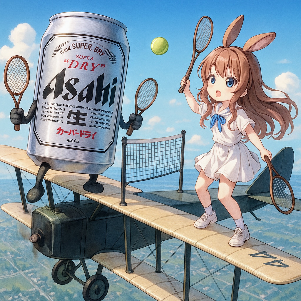 飛行機の上でテニスをする小さな女の子