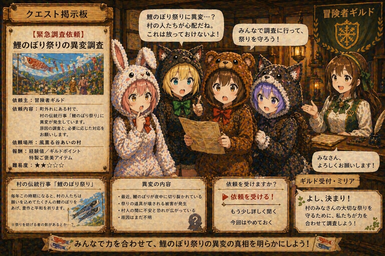 【All0502c】町外れにある村で伝統の鯉のぼり祭りで異変が発生しているようなので調査を行うことにした。（ChatGPT） | の人気AIイラスト・グラビア