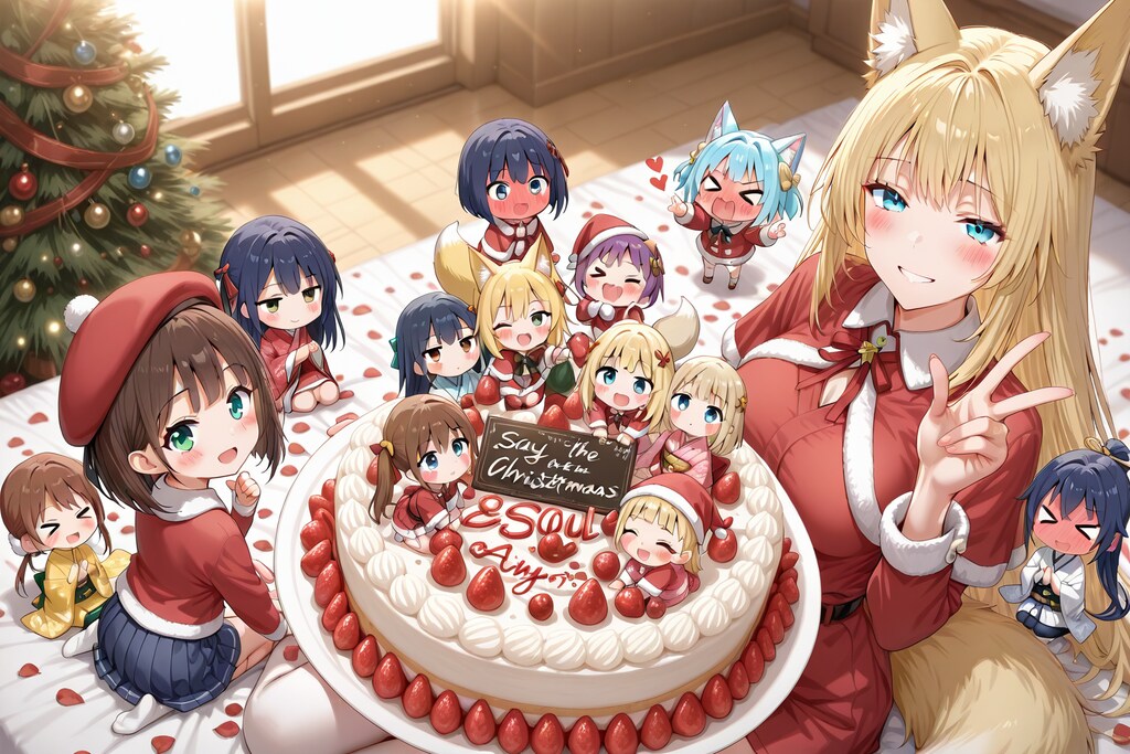 ケーキと、お姉さん、女の子、ちびちゃん。