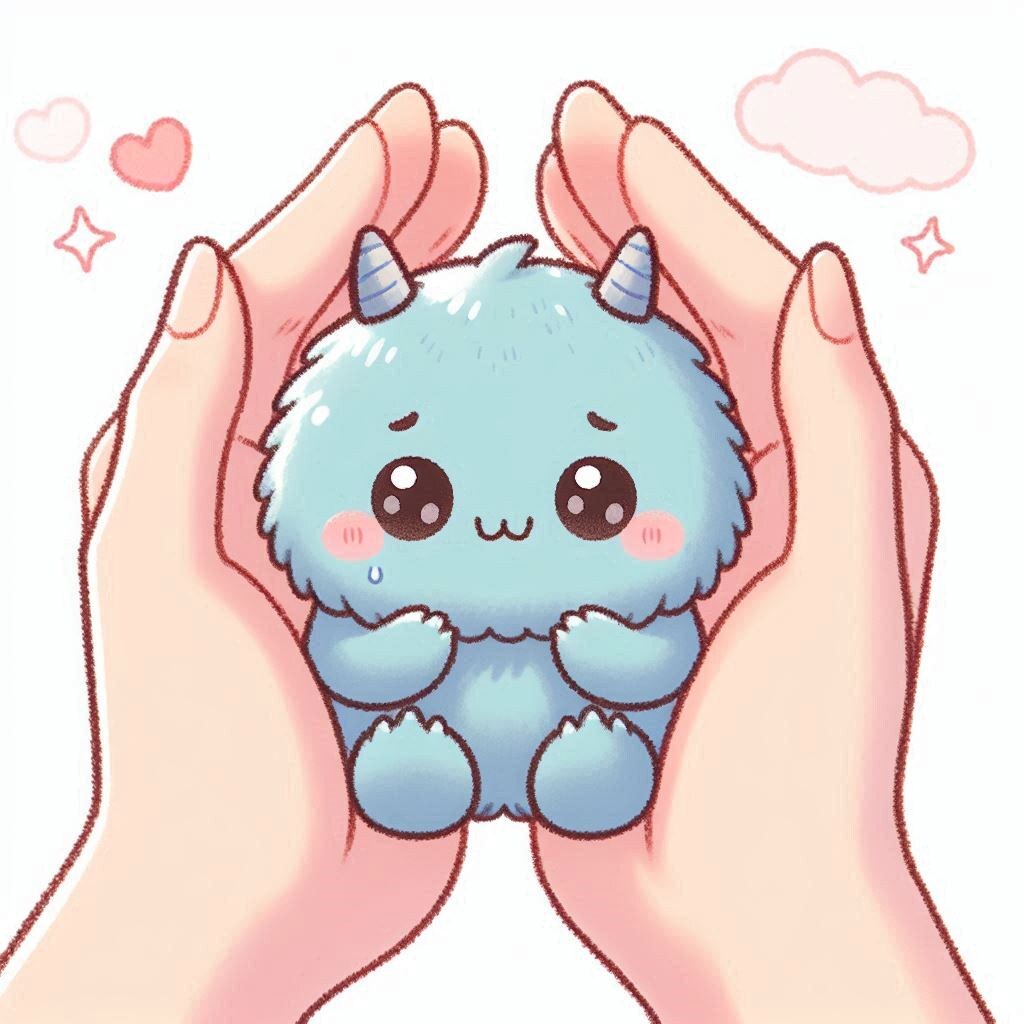 掌に包まれる小さいモンスターちゃん