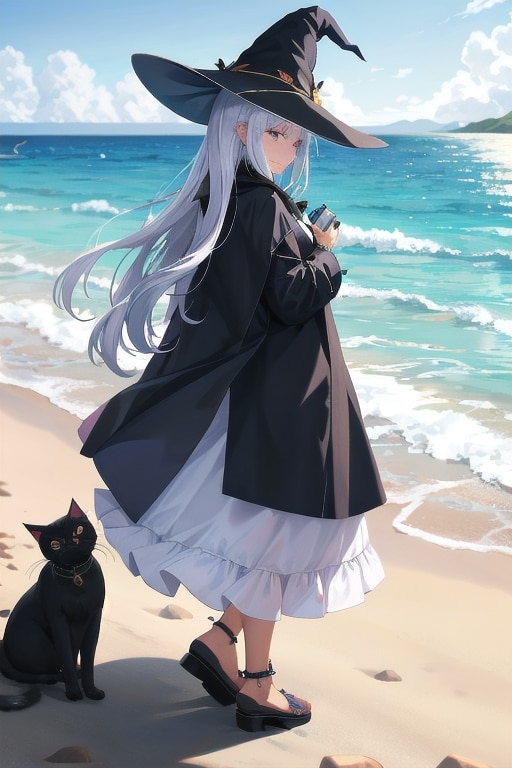 砂浜の魔女と黒猫 | の人気AIイラスト・グラビア