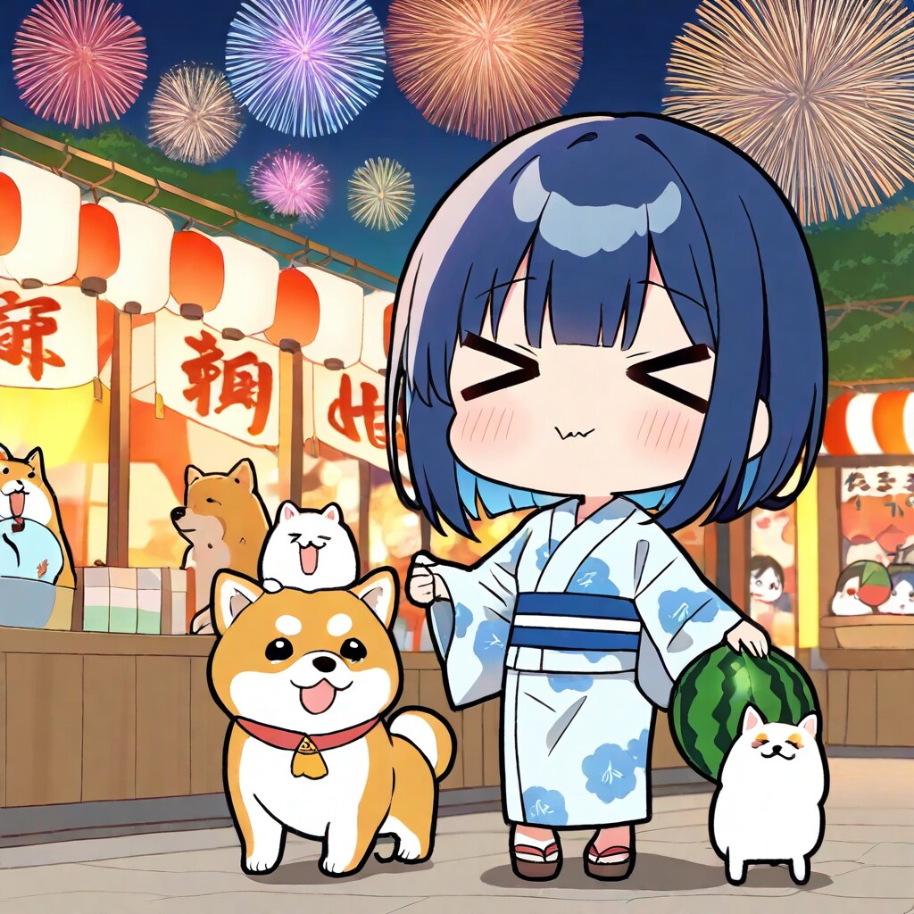 花火とスイカと青髪ちゃん